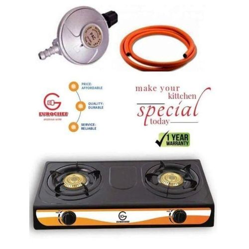 EuroChef Table Top Stainless Steel 2 Burner Gas Cooker with 6kg Regulator and Pipe – Compact and Efficient Cooking Solution for Your Kitchen
