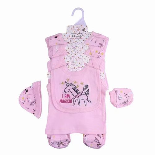 NEW ARRIVAL – 8PC Newborn Baby Gift Set in Pink with Mittens, Pyjama, Bodysuit, Bib, Hat, T-shirt & Trouser – Complete Infant Clothing Set