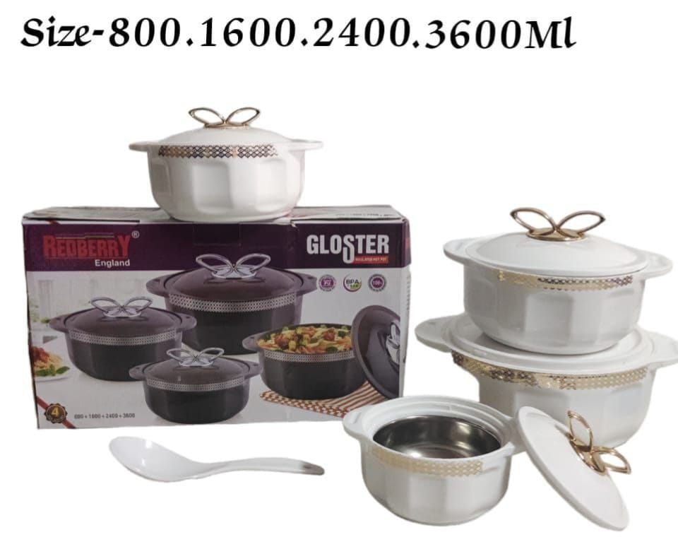4 pcs Gloster designer insulated hotpot Keep your food hot and fresh for upto 6 Hours with this elegant and very stylish 4 Piece Food Warmer Server Hot Pot size 800/1600/2400/2600ml