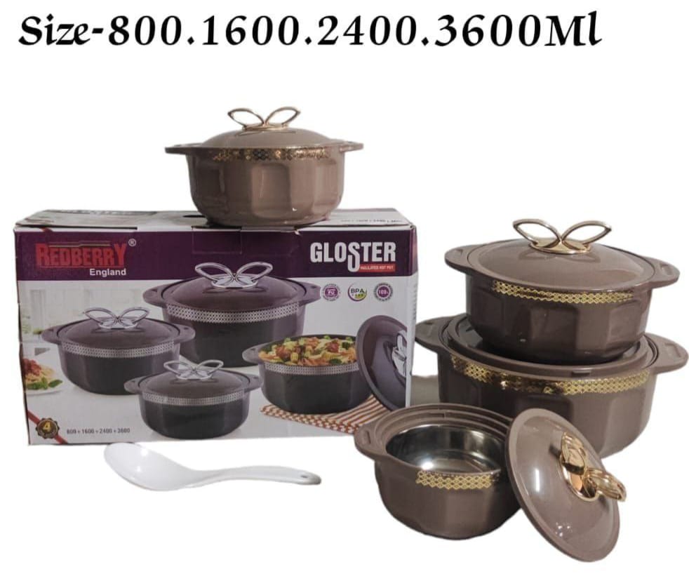 4 pcs Gloster designer insulated hotpot Keep your food hot and fresh for upto 6 Hours with this elegant and very stylish 4 Piece Food Warmer Server Hot Pot size 800/1600/2400/2600ml