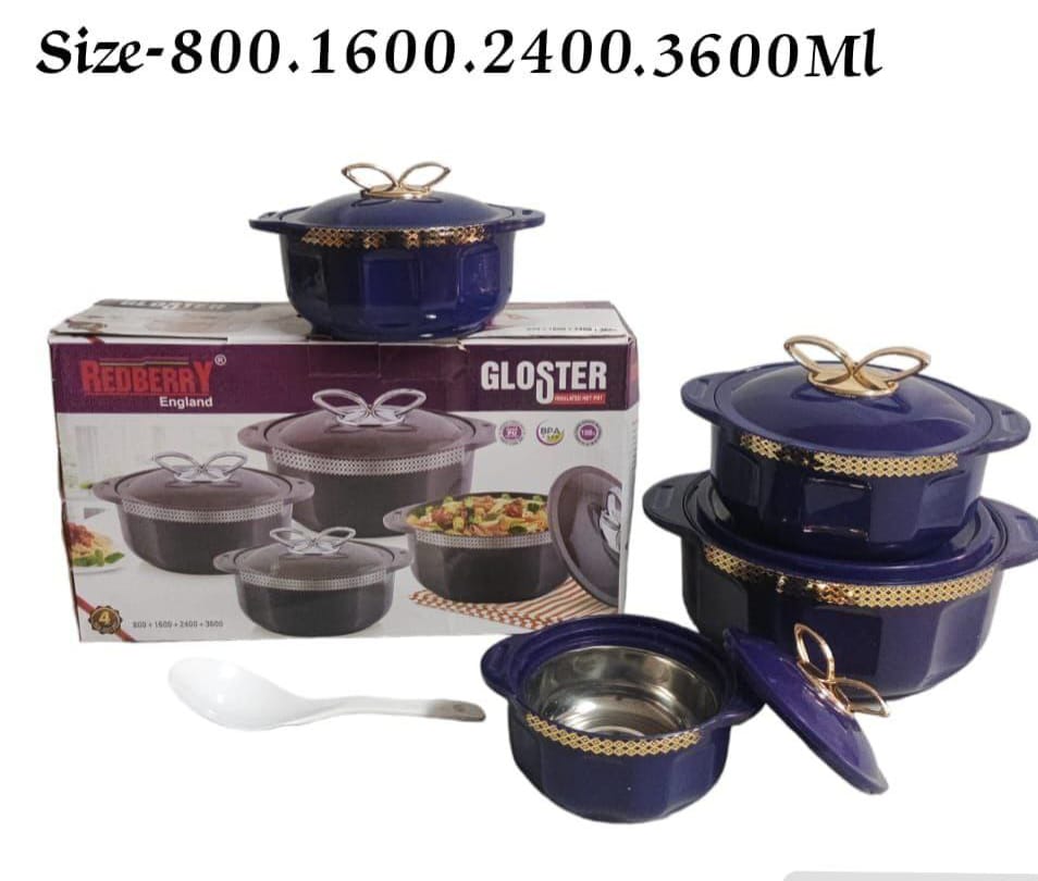 4 pcs Gloster designer insulated hotpot Keep your food hot and fresh for upto 6 Hours with this elegant and very stylish 4 Piece Food Warmer Server Hot Pot size 800/1600/2400/2600ml