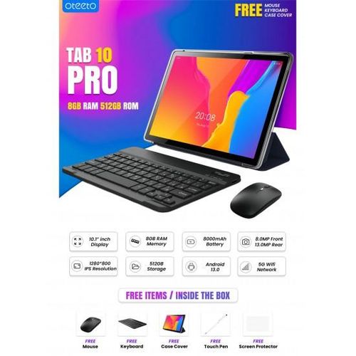 Oteeto TAB 10 Pro Tablet 8000mAh 8GB RAM + 512GB ROM Single SIM 5G Network//5G Wifi//8MP Front + 13MP Rear Camera/Quad Core 2.0GHz Processor/Android 13/Includes Keyboard,Mouse,Touch Pen,OTG,Flip Cover