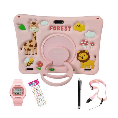 Modio M25 6GB RAM 256GB ROM Kids' Android Tablet 10.1 Inches, Dual Camera, Sim Card Support + Wi-Fi + Free Gift Set - Pink