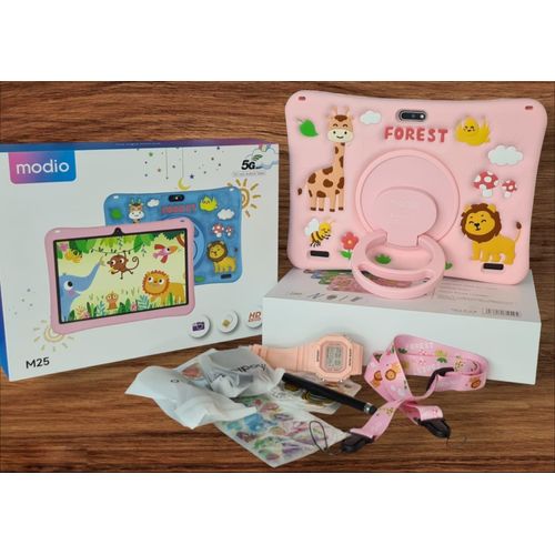 Modio M25 6GB RAM 256GB ROM Kids' Android Tablet 10.1 Inches, Dual Camera, Sim Card Support + Wi-Fi + Free Gift Set - Pink