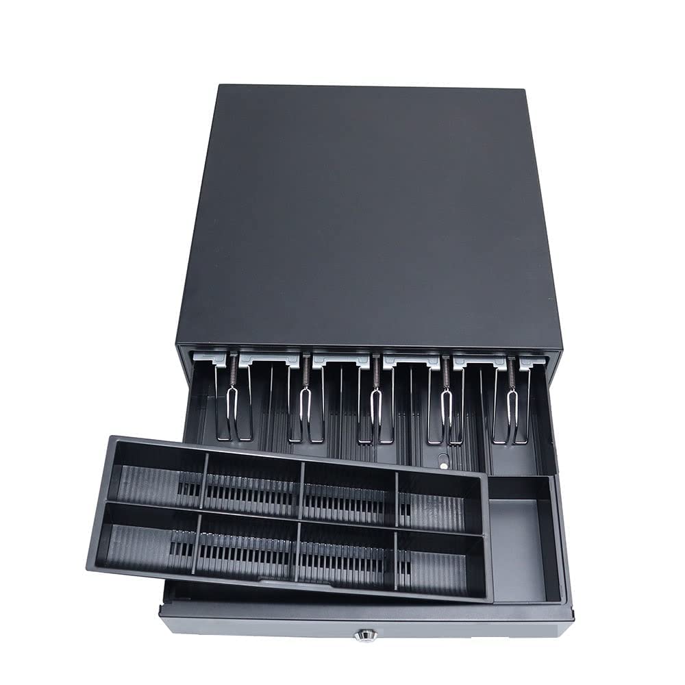Cash Register Drawer for Point of Sale (POS) System, 5 Bill with Adjustable Coin Slots, 24V, RJ11/RJ12 Key-Lock, Media Slot, Black