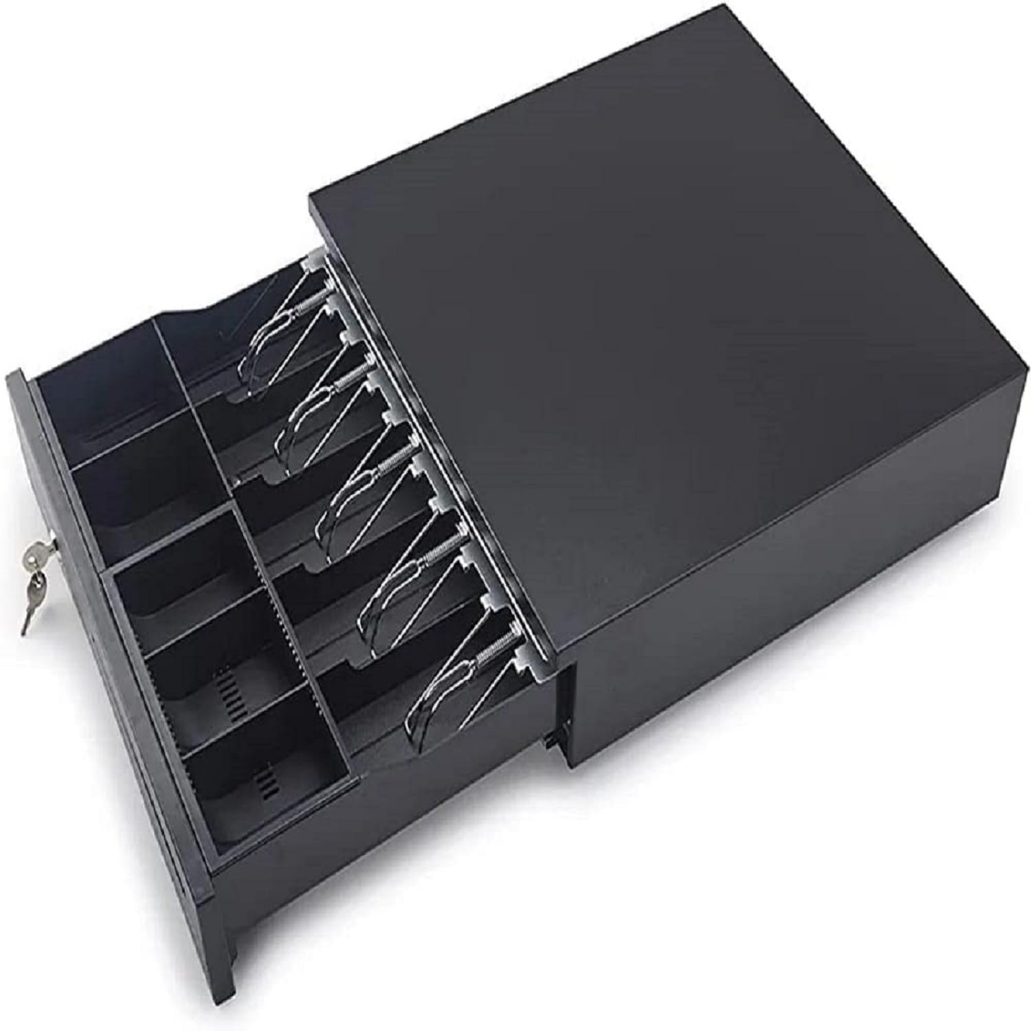 Cash Register Drawer for Point of Sale (POS) System, 5 Bill with Adjustable Coin Slots, 24V, RJ11/RJ12 Key-Lock, Media Slot, Black