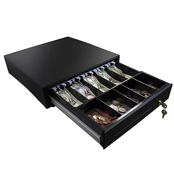 Cash Register Drawer for Point of Sale (POS) System, 5 Bill with Adjustable Coin Slots, 24V, RJ11/RJ12 Key-Lock, Media Slot, Black