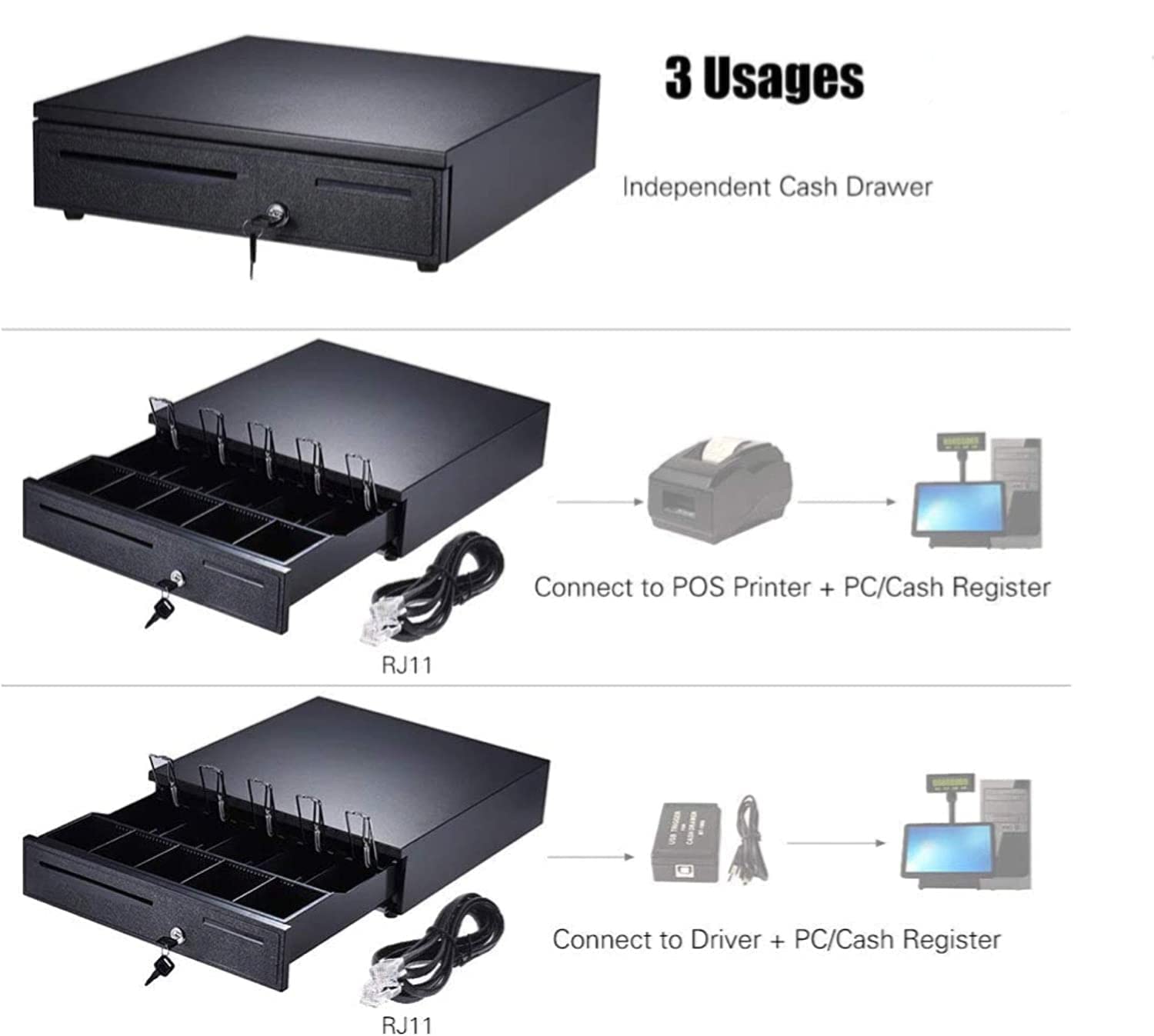 Cash Register Drawer for Point of Sale (POS) System, 5 Bill with Adjustable Coin Slots, 24V, RJ11/RJ12 Key-Lock, Media Slot, Black