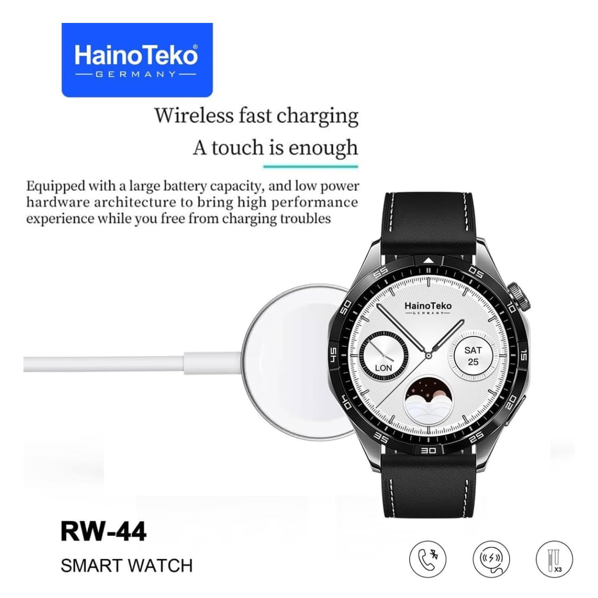 Haino Teko RW 44 GT4 Men Smart Watch With 3 Pairs Straps HD IPS AMOLED Display Waterproof Smartwatch App Control Heart Rate GPS And Fitness Smartwatch With Wireless Charger Black
