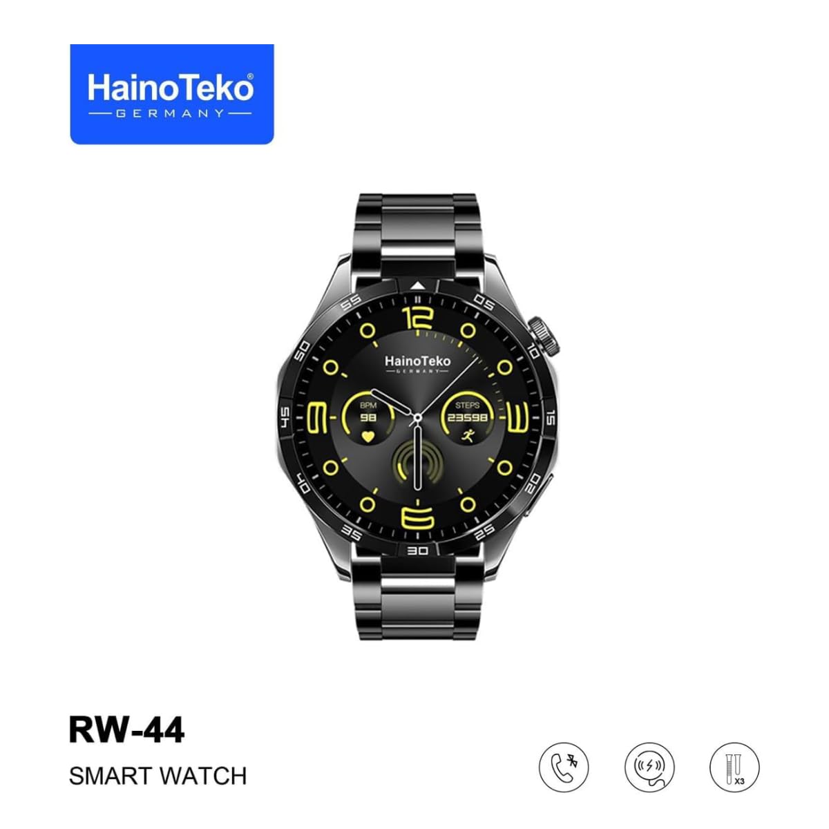 Haino Teko RW 44 GT4 Men Smart Watch With 3 Pairs Straps HD IPS AMOLED Display Waterproof Smartwatch App Control Heart Rate GPS And Fitness Smartwatch With Wireless Charger Black