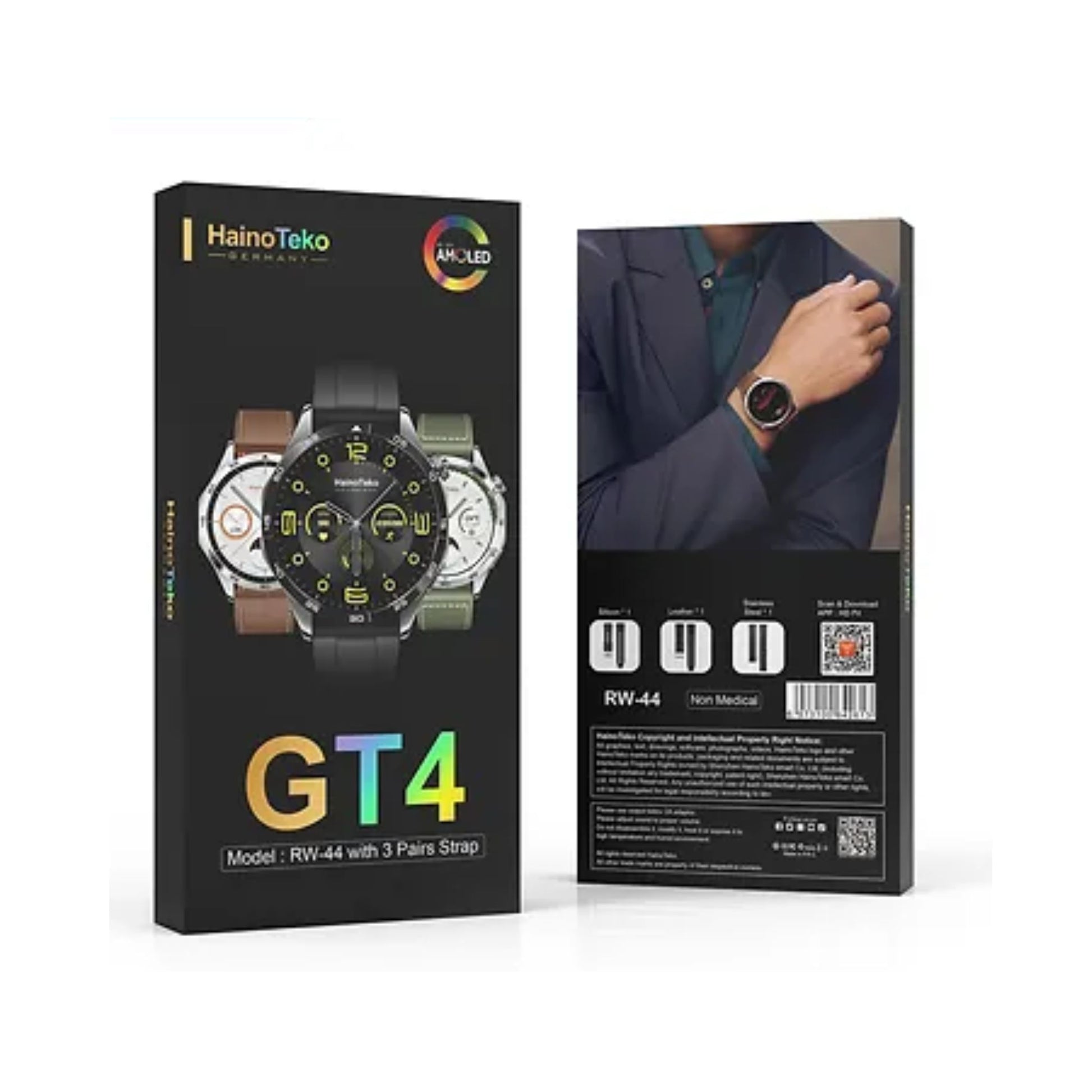 Haino Teko RW 44 GT4 Men Smart Watch With 3 Pairs Straps HD IPS AMOLED Display Waterproof Smartwatch App Control Heart Rate GPS And Fitness Smartwatch With Wireless Charger Black