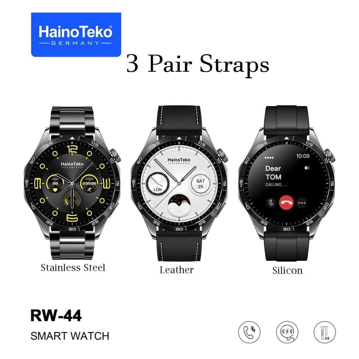 Haino Teko RW 44 GT4 Men Smart Watch With 3 Pairs Straps HD IPS AMOLED Display Waterproof Smartwatch App Control Heart Rate GPS And Fitness Smartwatch With Wireless Charger Black