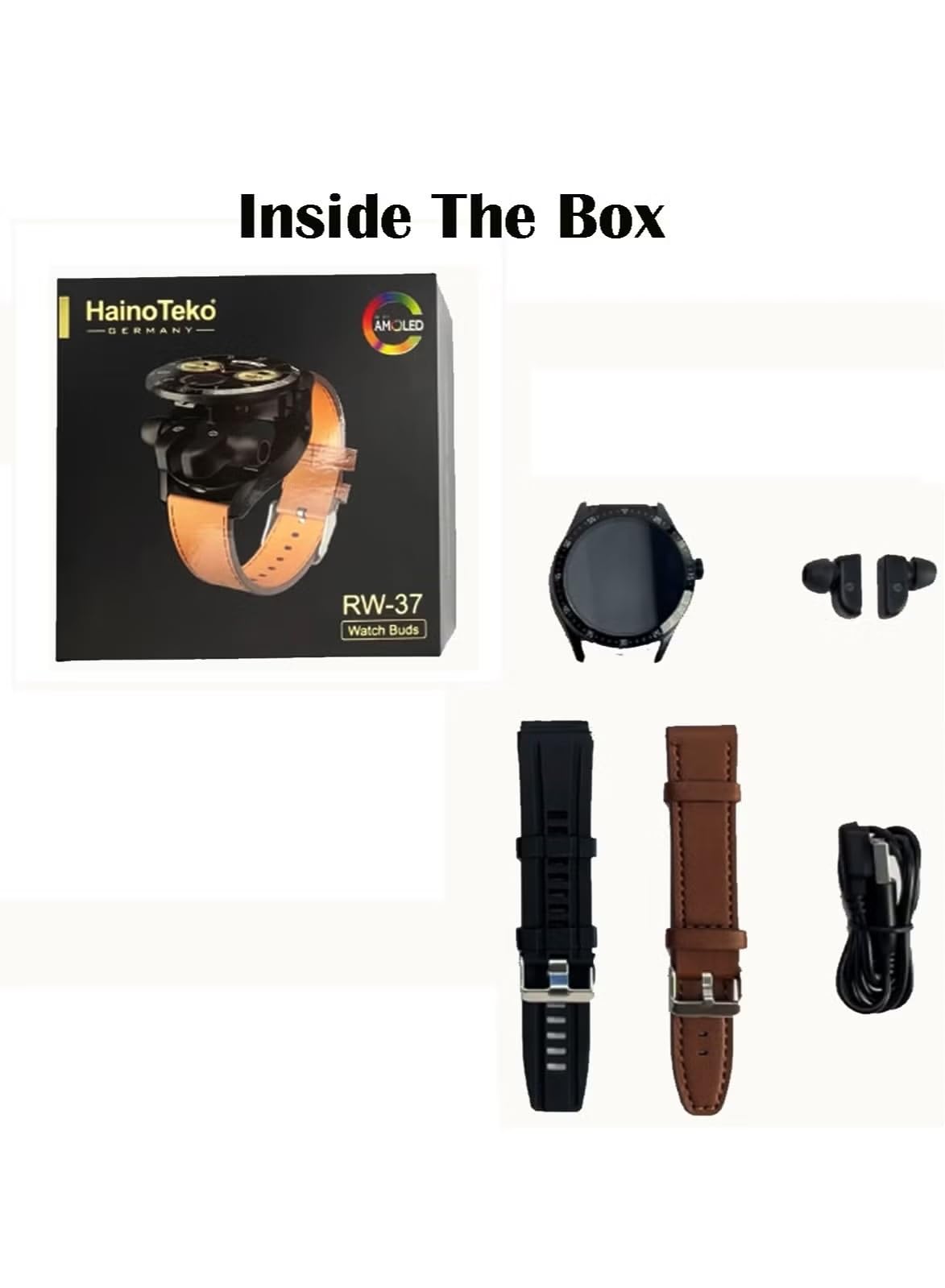 Haino Teko RW37 Watch Buds With Large Screen Round Shape AMOLED Display Smart Watch and Bluetooth Earbuds With 2 Pair Straps for Ladies and Gents