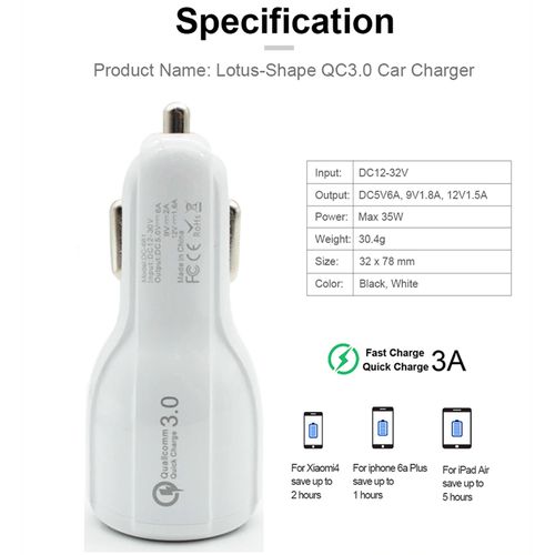 Quick Charge 3.0 + 3.1A Dual USB Port Car Charger Adapter