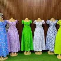 Women Cotton Short Puff Sleeve Floral Summer Printed Dresses Party High Split Long Maxi Dresses women clothes Ladies Dresses for Women