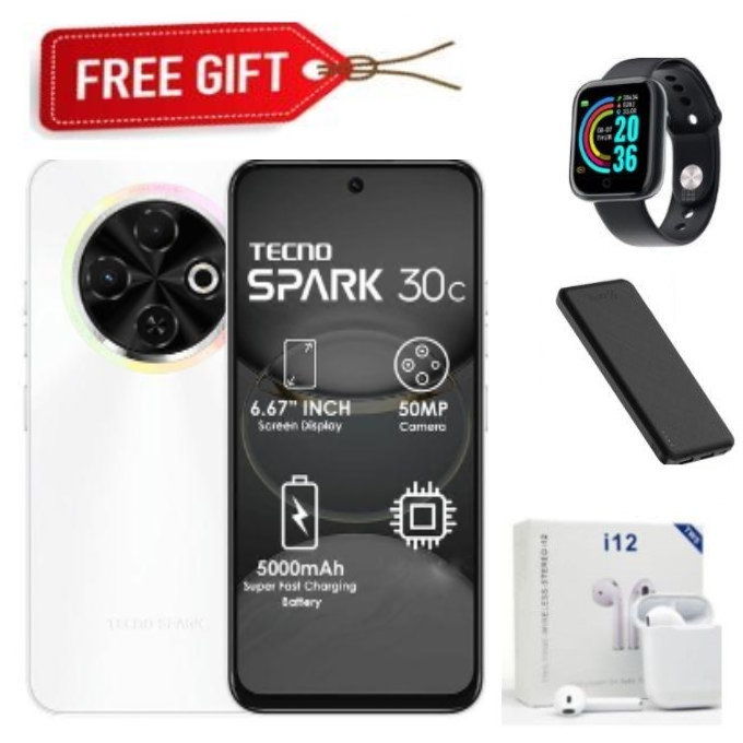 New Arrival TECNO SPARK 30C 128GB +8(4+4)GB 120Hz 6.6" Dynamic Port 50MP Dual Speakers 7.8mm Ultra Slim 5000mAh 18W Type-C Dual SIM 4G Smart Phones Side Fingerprint phone+FREEBIES