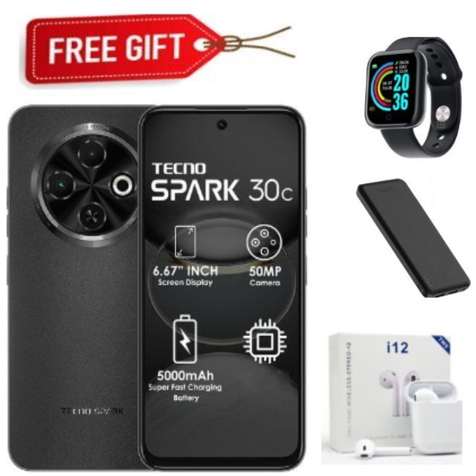 New Arrival TECNO SPARK 30C 128GB +8(4+4)GB 120Hz 6.6" Dynamic Port 50MP Dual Speakers 7.8mm Ultra Slim 5000mAh 18W Type-C Dual SIM 4G Smart Phones Side Fingerprint phone+FREEBIES