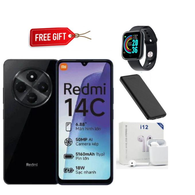 LIMITED TIME DEALS!! XIAOMI Redmi 14C 128GB Storage Upto 8(4+4)GB Ram 50MP Camera. 6.88'' Display Upto 120Hz Refresh Rate Dual Sim 5160mAh , Smart Phone+FREE SMARTWATCH+GIFTBAG+EARPODS