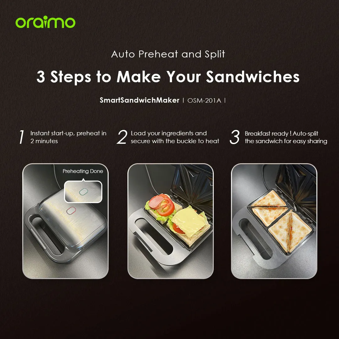 SPECIAL OFFER!! Oraimo Smart Sandwich Maker -750W Fast Toast,  Non-stick Coating, Smart Temperature Control, Heat-resistant Handle, Non-Slip & Buckle Design - Sandwich Makers