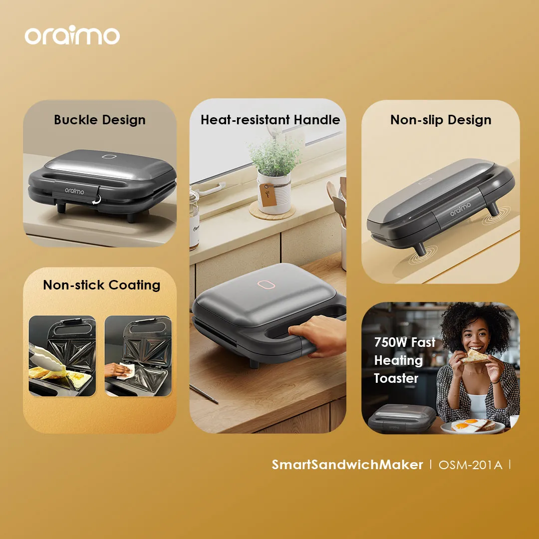 SPECIAL OFFER!! Oraimo Smart Sandwich Maker -750W Fast Toast,  Non-stick Coating, Smart Temperature Control, Heat-resistant Handle, Non-Slip & Buckle Design - Sandwich Makers