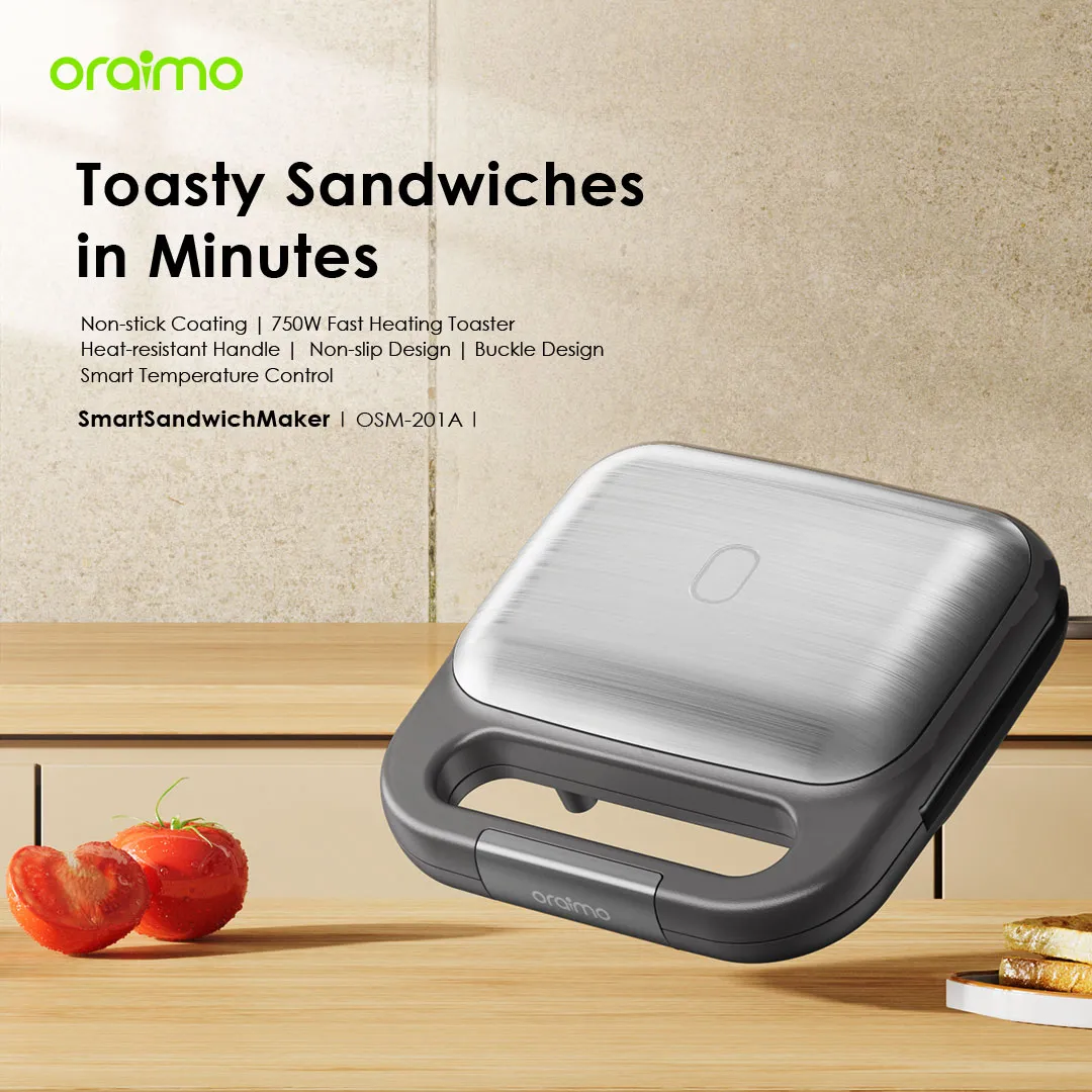 SPECIAL OFFER!! Oraimo Smart Sandwich Maker -750W Fast Toast,  Non-stick Coating, Smart Temperature Control, Heat-resistant Handle, Non-Slip & Buckle Design - Sandwich Makers