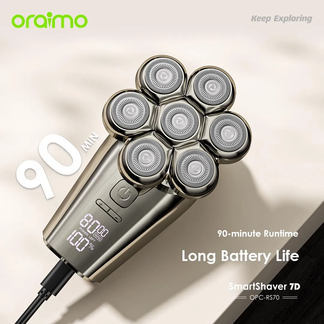 LIMITED OFFER!! Oraimo Smart Shaver 7D -7 Razor Heads, 5-in-1 Grooming Kit, 360° Floating and Precise Shaving, 90-minute Runtime, IPX7 Waterproof,  Digital Display - Shavers/Trimmers