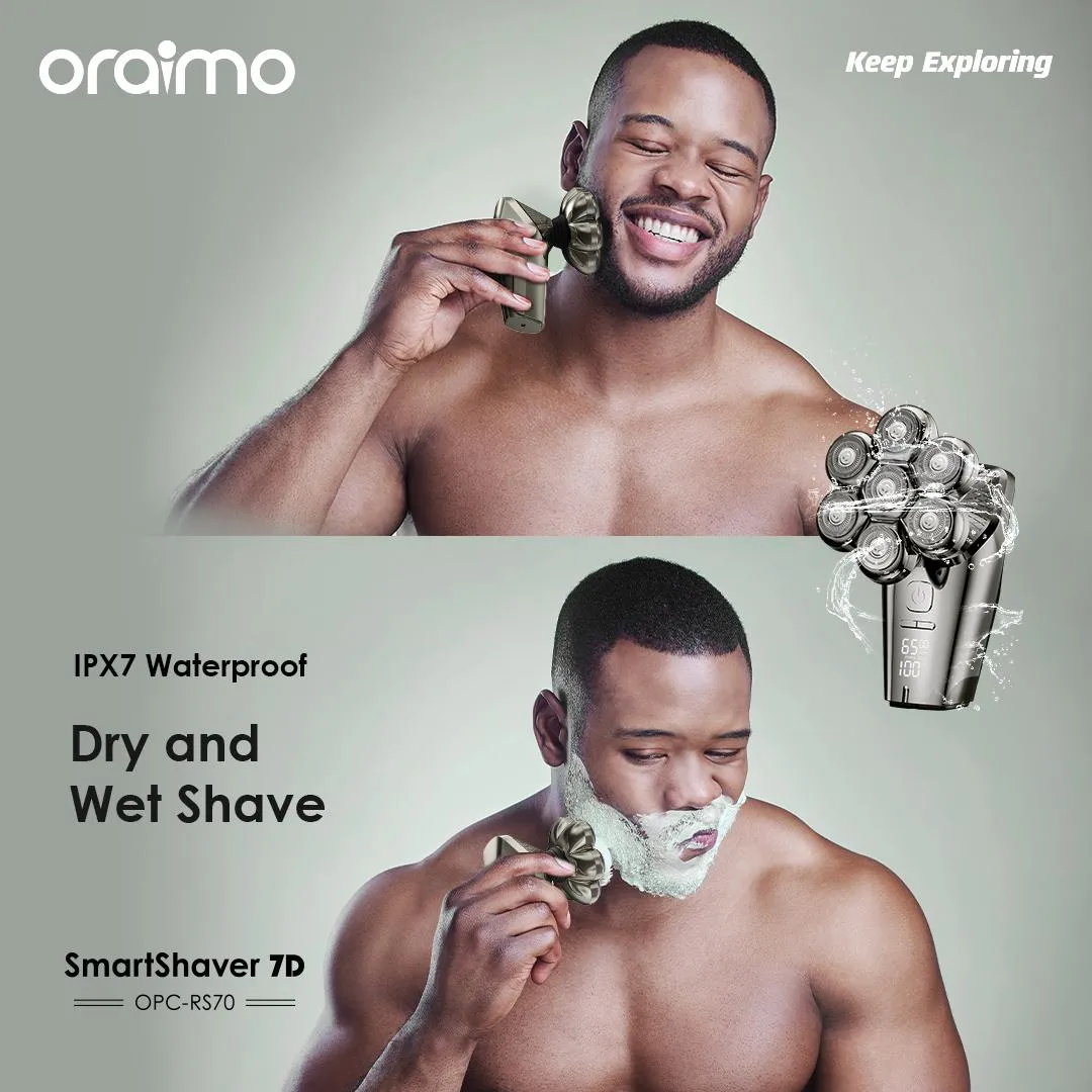 LIMITED OFFER!! Oraimo Smart Shaver 7D -7 Razor Heads, 5-in-1 Grooming Kit, 360° Floating and Precise Shaving, 90-minute Runtime, IPX7 Waterproof,  Digital Display - Shavers/Trimmers