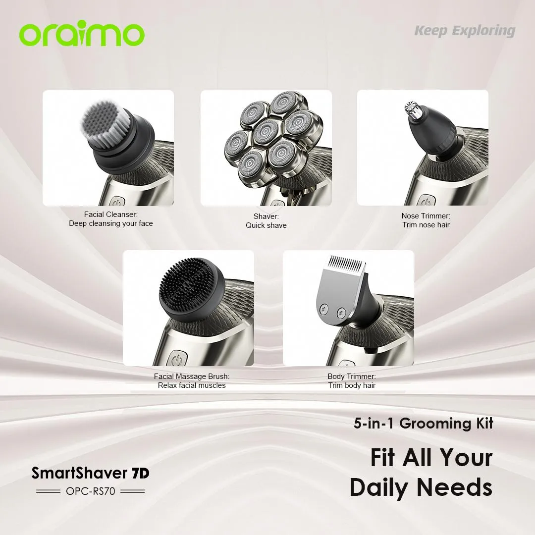 LIMITED OFFER!! Oraimo Smart Shaver 7D -7 Razor Heads, 5-in-1 Grooming Kit, 360° Floating and Precise Shaving, 90-minute Runtime, IPX7 Waterproof,  Digital Display - Shavers/Trimmers