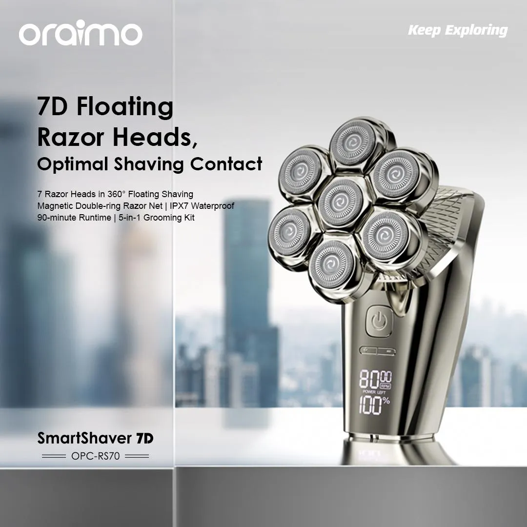 LIMITED OFFER!! Oraimo Smart Shaver 7D -7 Razor Heads, 5-in-1 Grooming Kit, 360° Floating and Precise Shaving, 90-minute Runtime, IPX7 Waterproof,  Digital Display - Shavers/Trimmers