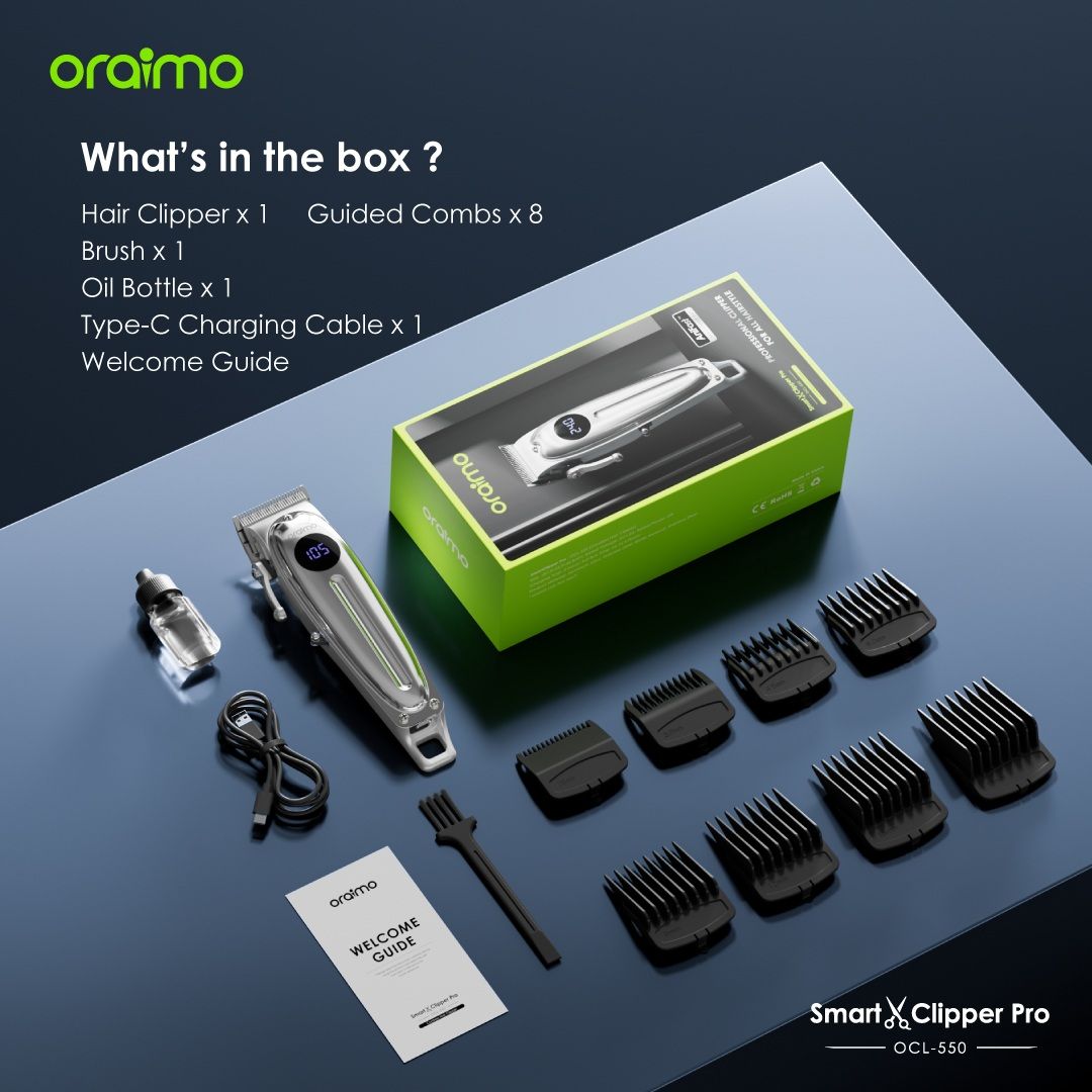 Tech Week Sales!!!Oraimo Smart Clipper Pro OPC-CL30; Adjustable Blades, Super Powerful Motor, 240-minute Runtime, LED Screen Display, 8 Guided Combs, Durable Metal Casing - Clippers/Shavers