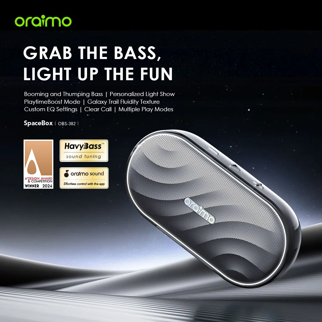 LIMITED OFFER!! Oraimo SpaceBox Bluetooth Speaker -8W, FM/USB/TF/AUX Support, Powerful Booming Bass, Personalized Light Show, PlaytimeBoost Mode,  Custom EQ Settings, Multiple Play Modes - Speakers
