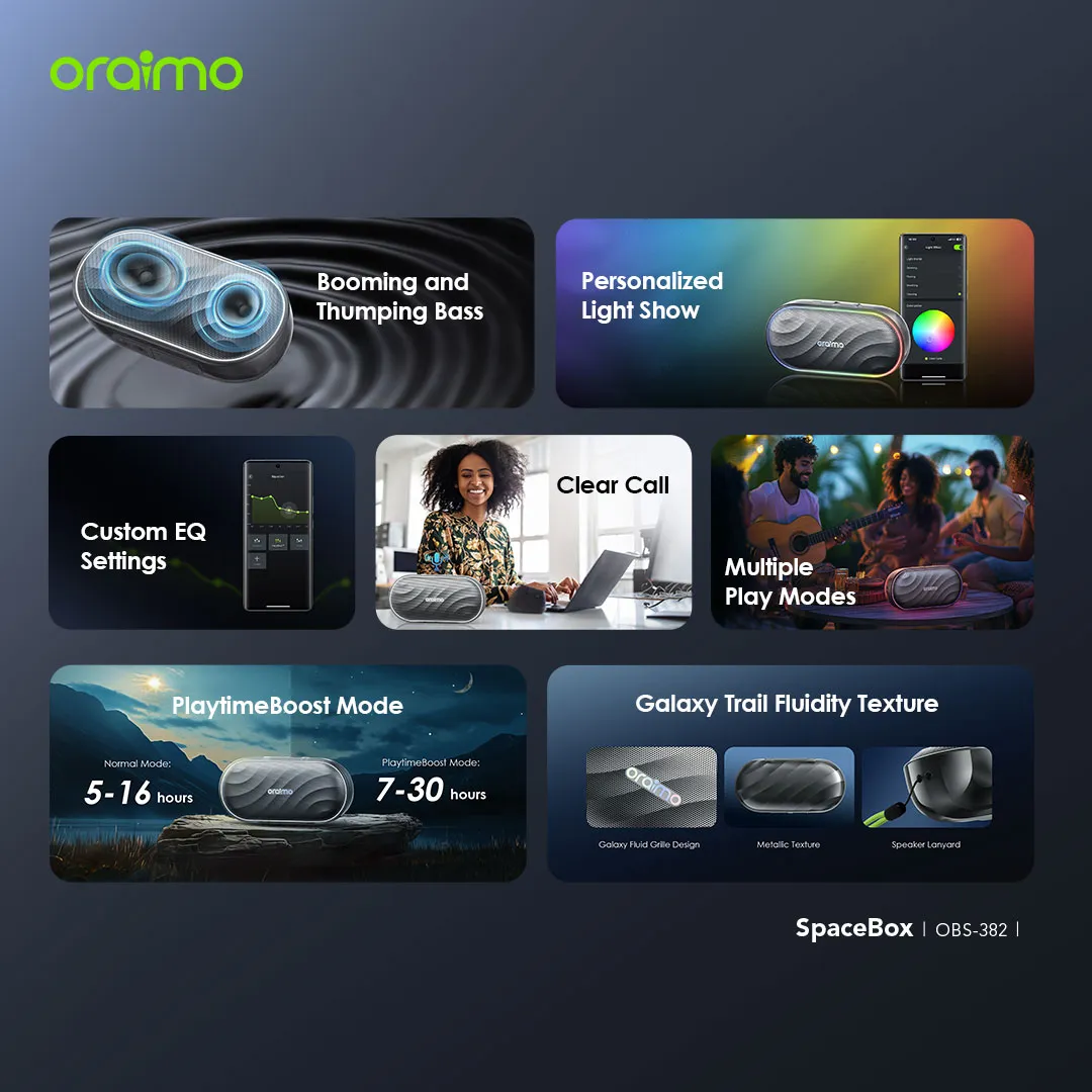 LIMITED OFFER!! Oraimo SpaceBox Bluetooth Speaker -8W, FM/USB/TF/AUX Support, Powerful Booming Bass, Personalized Light Show, PlaytimeBoost Mode,  Custom EQ Settings, Multiple Play Modes - Speakers