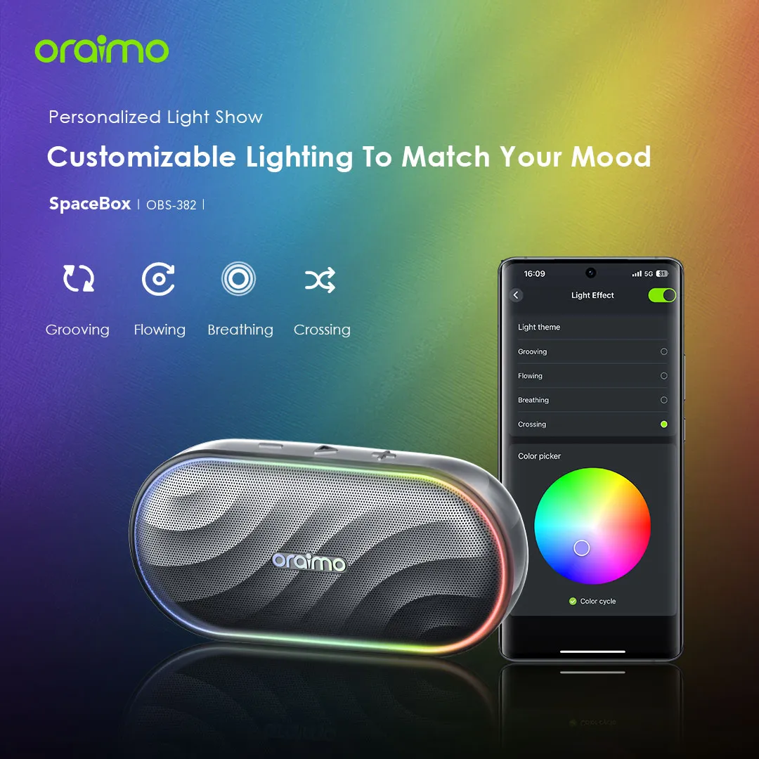 LIMITED OFFER!! Oraimo SpaceBox Bluetooth Speaker -8W, FM/USB/TF/AUX Support, Powerful Booming Bass, Personalized Light Show, PlaytimeBoost Mode,  Custom EQ Settings, Multiple Play Modes - Speakers