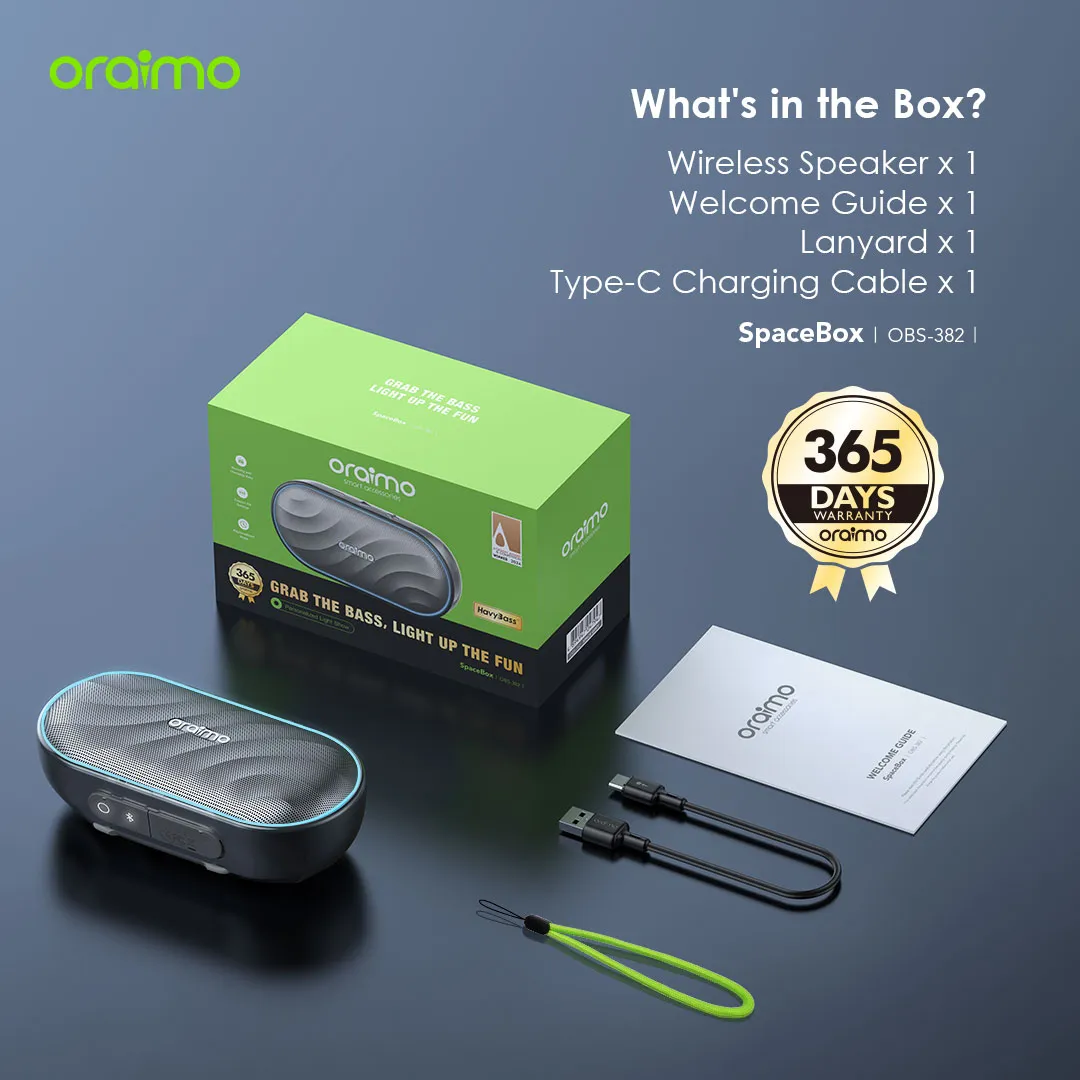 LIMITED OFFER!! Oraimo SpaceBox Bluetooth Speaker -8W, FM/USB/TF/AUX Support, Powerful Booming Bass, Personalized Light Show, PlaytimeBoost Mode,  Custom EQ Settings, Multiple Play Modes - Speakers