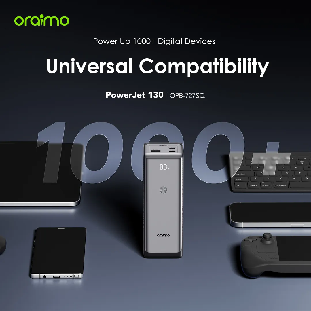 SPECIAL OFFER!! Oraimo PowerJet 130 Power Bank -27600mAh,130W,Type-C Fast Charging, Power Laptop & Phone at Once, Recharge Powerbank to 100% in 1.5hrs, Digital Display, Wide Compatibility -Power Banks