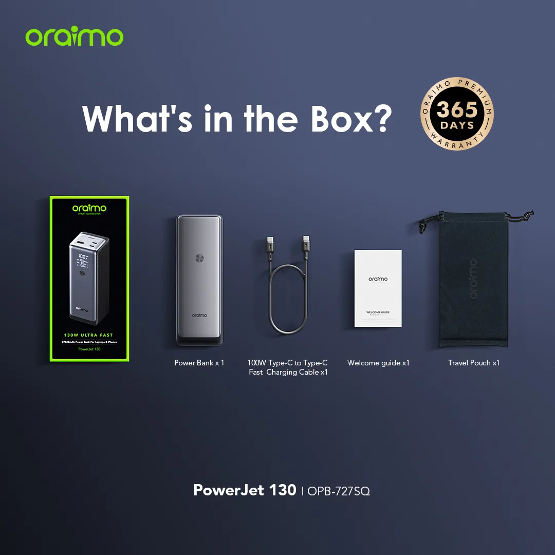 SPECIAL OFFER!! Oraimo PowerJet 130 Power Bank -27600mAh,130W,Type-C Fast Charging, Power Laptop & Phone at Once, Recharge Powerbank to 100% in 1.5hrs, Digital Display, Wide Compatibility -Power Banks