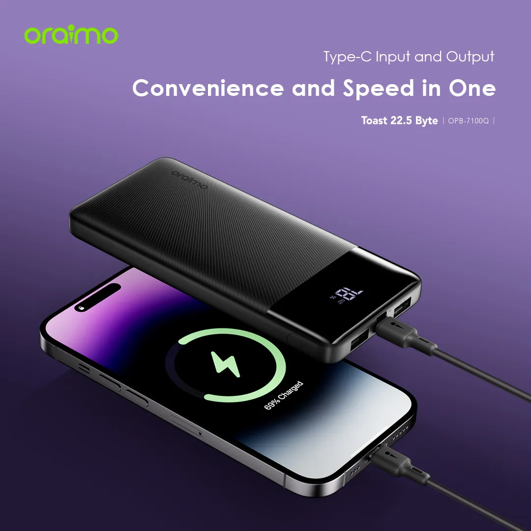 DISCOUNTED OFFER!! Oraimo Toast 22.5 Byte Power Bank -10000mAh,22.5W, Type-C (IN/OUT), 3 Output & 2 Input Ports, Power LED Display, Charge Phone to 60% in 30 Mins, PD&QC 3.0 Compatible - Power Banks