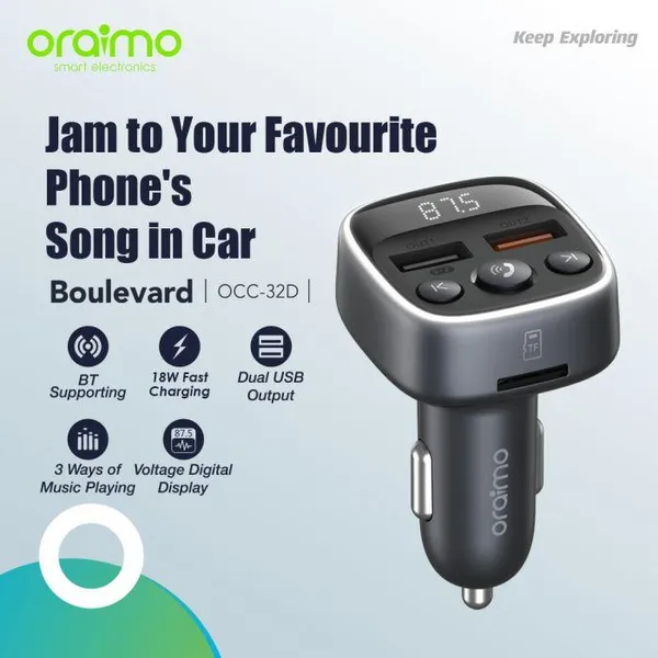 FLASH SALE DEALS!! Oraimo Boulevard 18W Car Charger -18W Fast Charging, BT Supporting, 3 Ways of Music Playing, Dual USB Output - Car Chargers