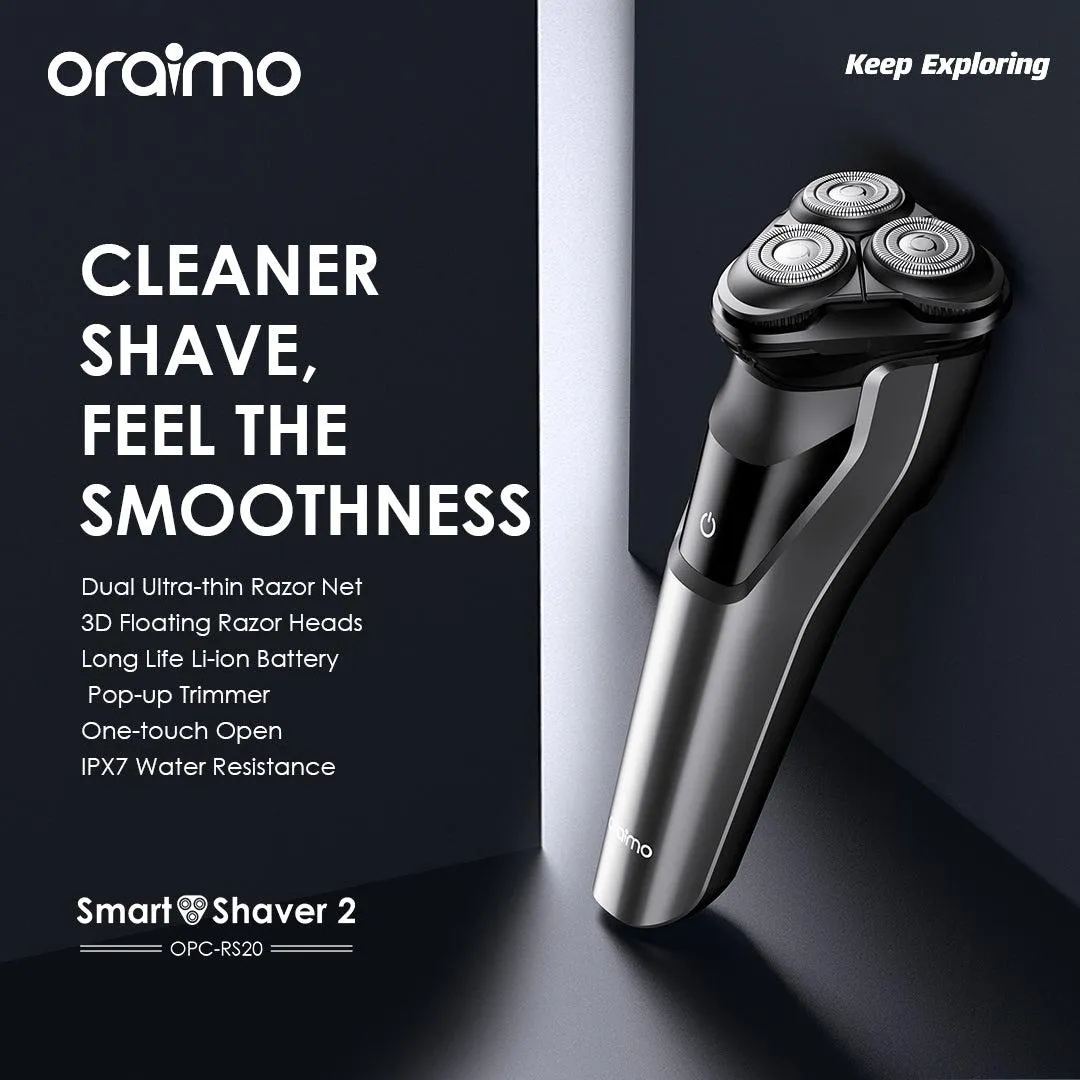 TECH WEEK SALE!!!! Oraimo Smart Smoothness Shaver 2 -Dual Ultra-thin Razor Net, IPX7 Water Resistance, Long-Life Li-ion Battery, 3D Floating Razor Heads,Pop-up Trimmer,One-touch Open -Shavers/Clipper