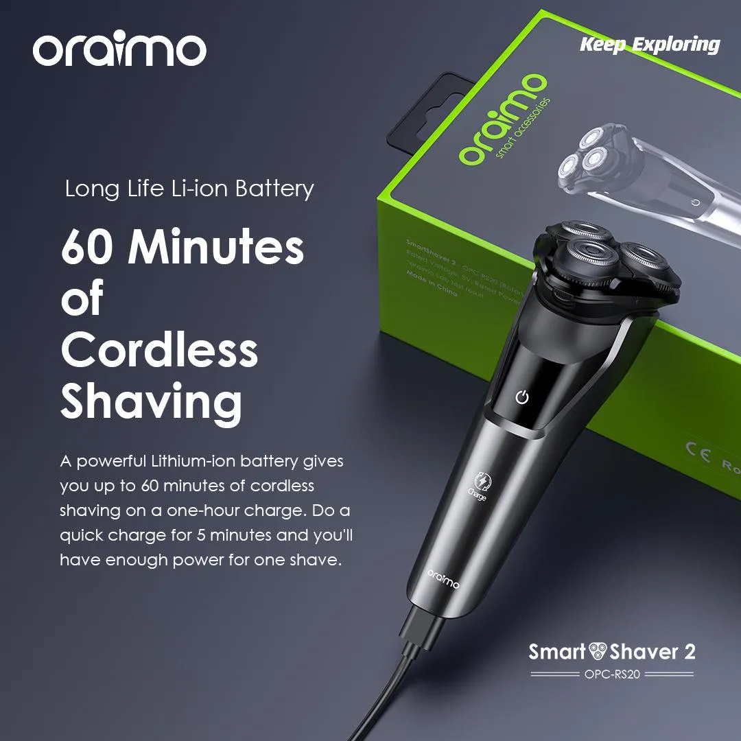 TECH WEEK SALE!!!! Oraimo Smart Smoothness Shaver 2 -Dual Ultra-thin Razor Net, IPX7 Water Resistance, Long-Life Li-ion Battery, 3D Floating Razor Heads,Pop-up Trimmer,One-touch Open -Shavers/Clipper