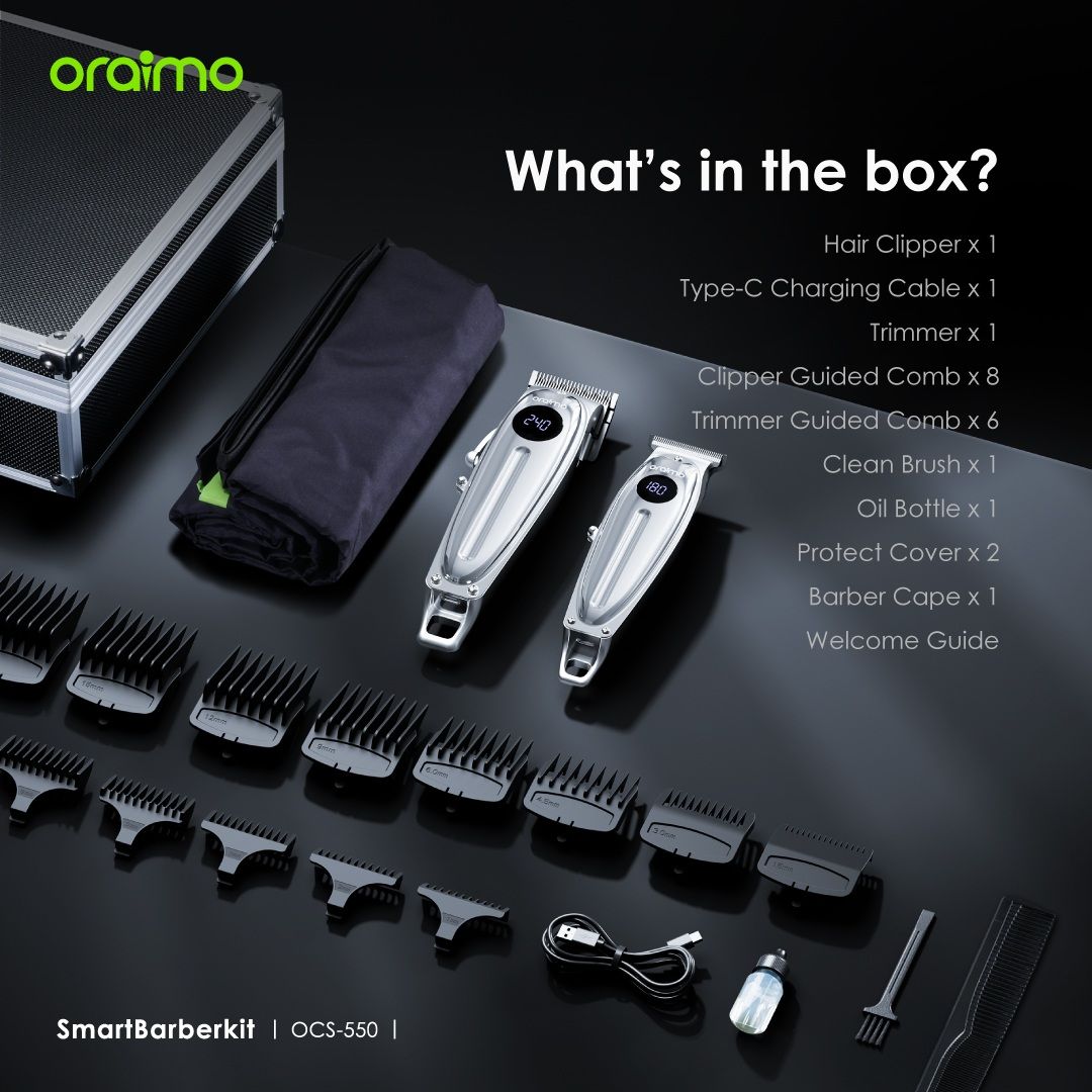 SPECIAL OFFER!! Oraimo Professional Smart Barber Kit -Super Powerful Motor, Multi-functional Usage, Self-sharpening and Adjustable Blades, AniFast™ Fast Charging, Upto 4 Hr Runtime - Shavers/Clippers