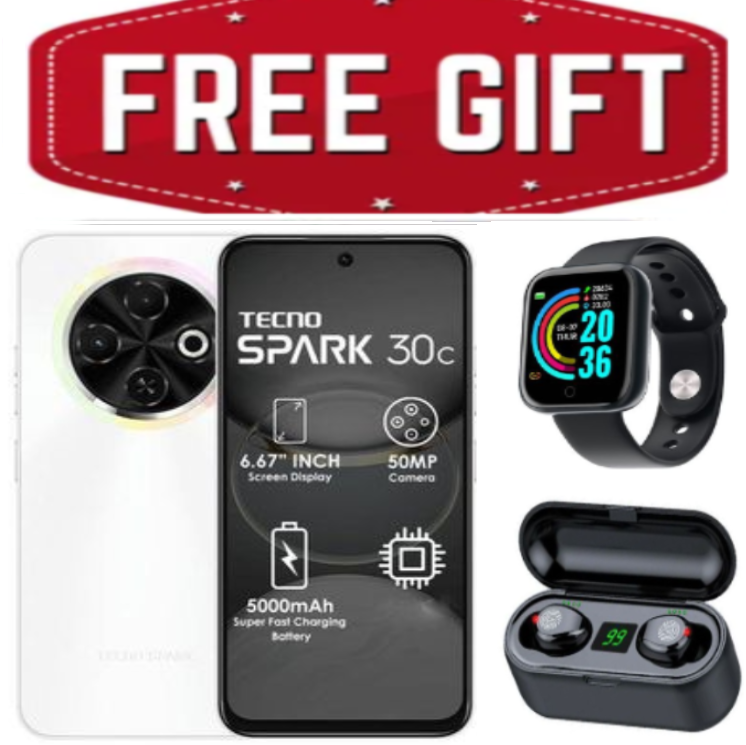 FLASH SALE DEALS!!!  BRANDNEW Tecno Spark 30C 6.67'' HD+ Screen UP to 8GB RAM + 128GB ROM Dual Sim 50MP 5000 mAh Battery Capacity Smart phone+FREE SMARTWATCH+EARBUDS