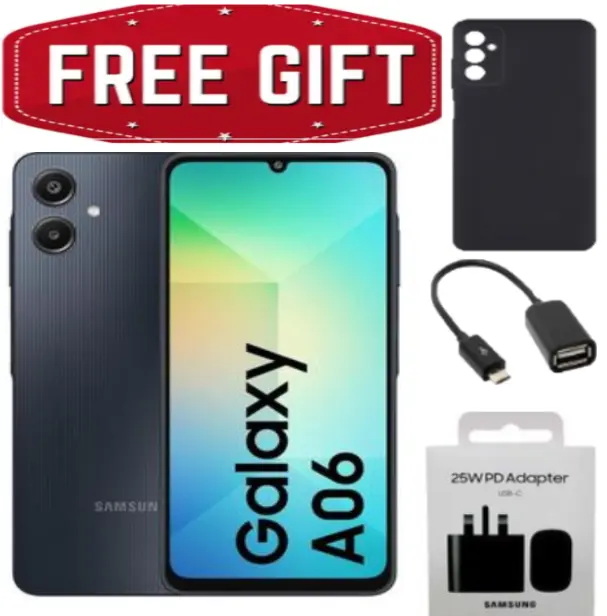 FLASH SALE OFFERS!!!Samsung Galaxy A06, 6.7'' Display, 4GB RAM + 128GB ROM (Dual Sim) 50MP Camera, 5000mAh - Smartphone+Adapter+Cover