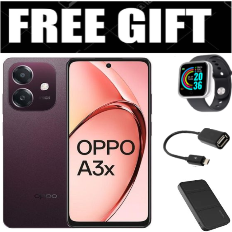 FLASH SALE DEALS!!!  Oppo A3x 4G RAM+ 64GB/128GB Display: 6.67 inches, IPS LCD OS: Android 14, ColorOS 14 Chipset:50MP Camera,5000mAh-Battery, (Dual Sim)-Smart phones+FREE SMARTWATCH+EARPODS+OTG CABLE