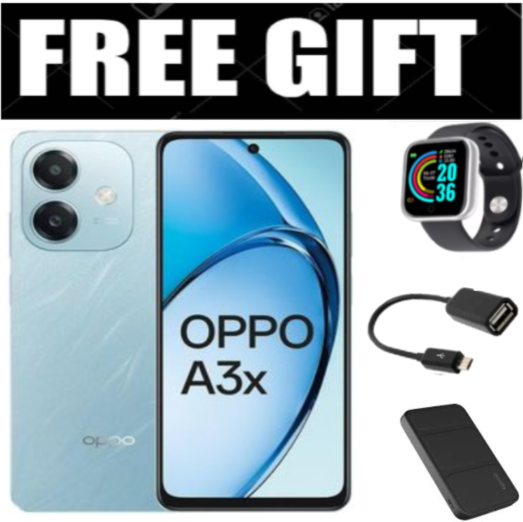 FLASH SALE DEALS!!!  Oppo A3x 4G RAM+ 64GB/128GB Display: 6.67 inches, IPS LCD OS: Android 14, ColorOS 14 Chipset:50MP Camera,5000mAh-Battery, (Dual Sim)-Smart phones+FREE SMARTWATCH+EARPODS+OTG CABLE