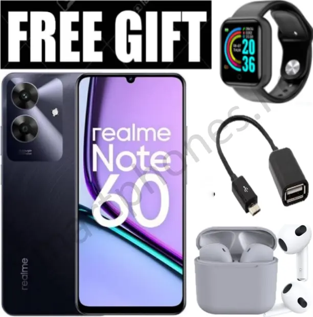 NEW ARRIVALS!! Realme Note 60- 6.74 Inch IPS LCD Display, 4+128GB RAM- Expandable Upto 8GB(4+4) RAM, 5000mAh, Android 14, Fingerprint (side-mounted), 32MP Rear & 5MP Front Camera +FREE GIFTS