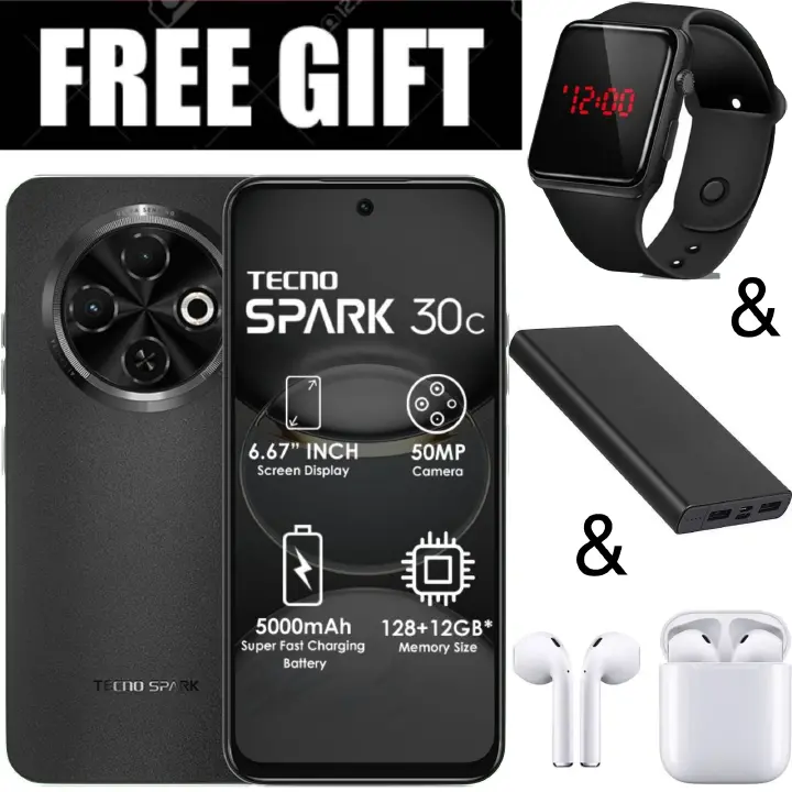 FLASH SALE DEALS!!!  TECNO SPARK 30C 128GB +8(4+4)GB 120Hz 6.6" Dynamic Port 50MP Dual Ultra Slim 5000mAh 18W Type-C Dual SIM 4G Smart Phones Side Fingerprint phone+FREE POWERBANK+EARPODS+L.E.D WATCH