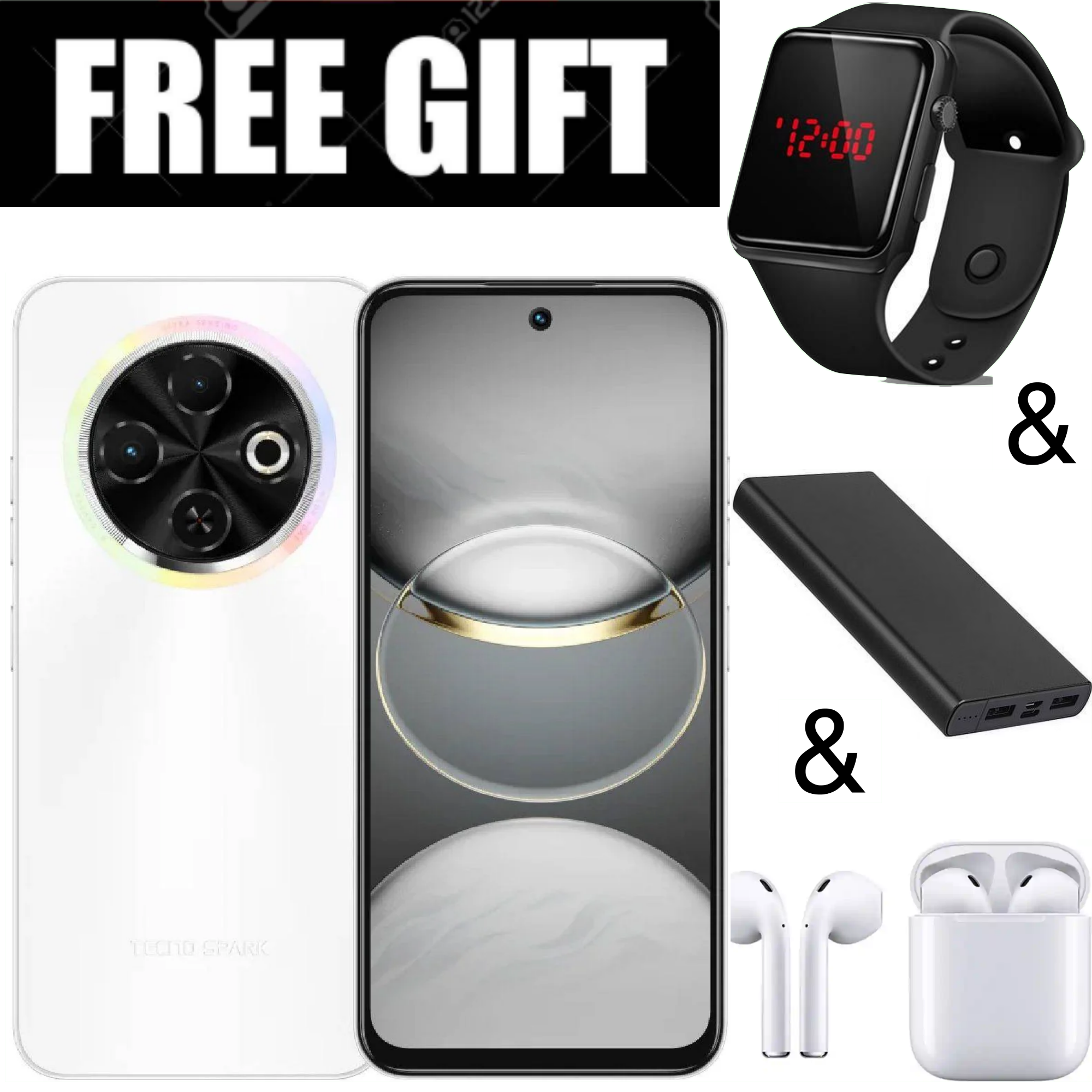 FLASH SALE DEALS!!!  BRANDNEW Tecno Spark 30C 6.67'' HD+ Screen UP to 8GB RAM + 128GB ROM Dual Sim 50MP 5000 mAh Battery Capacity Smart phone+ FREE EARPODS+POWERBANK+LED WATCH