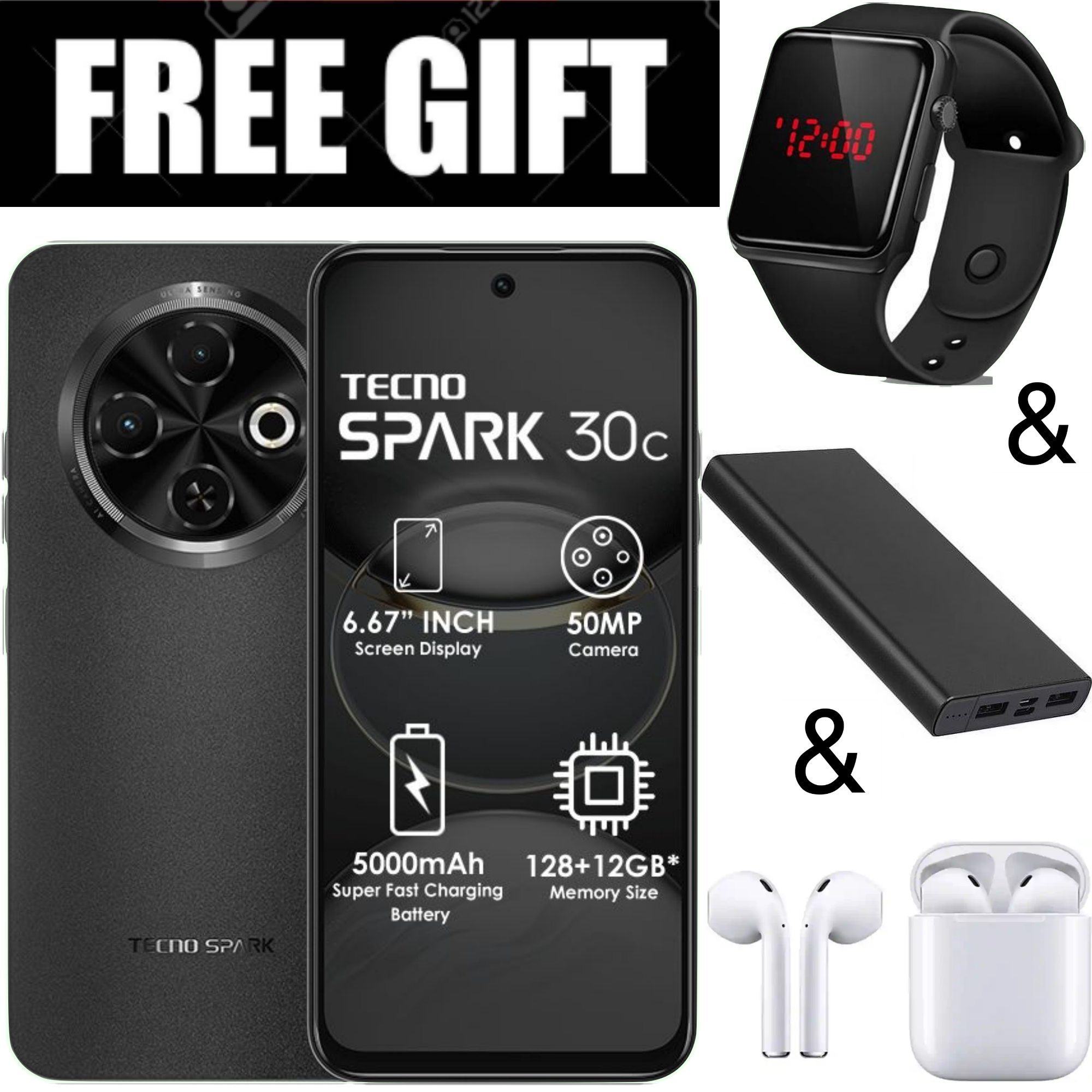 FLASH SALE DEALS!!!  BRANDNEW Tecno Spark 30C 6.67'' HD+ Screen UP to 8GB RAM + 128GB ROM Dual Sim 50MP 5000 mAh Battery Capacity Smart phone+ FREE EARPODS+POWERBANK+LED WATCH