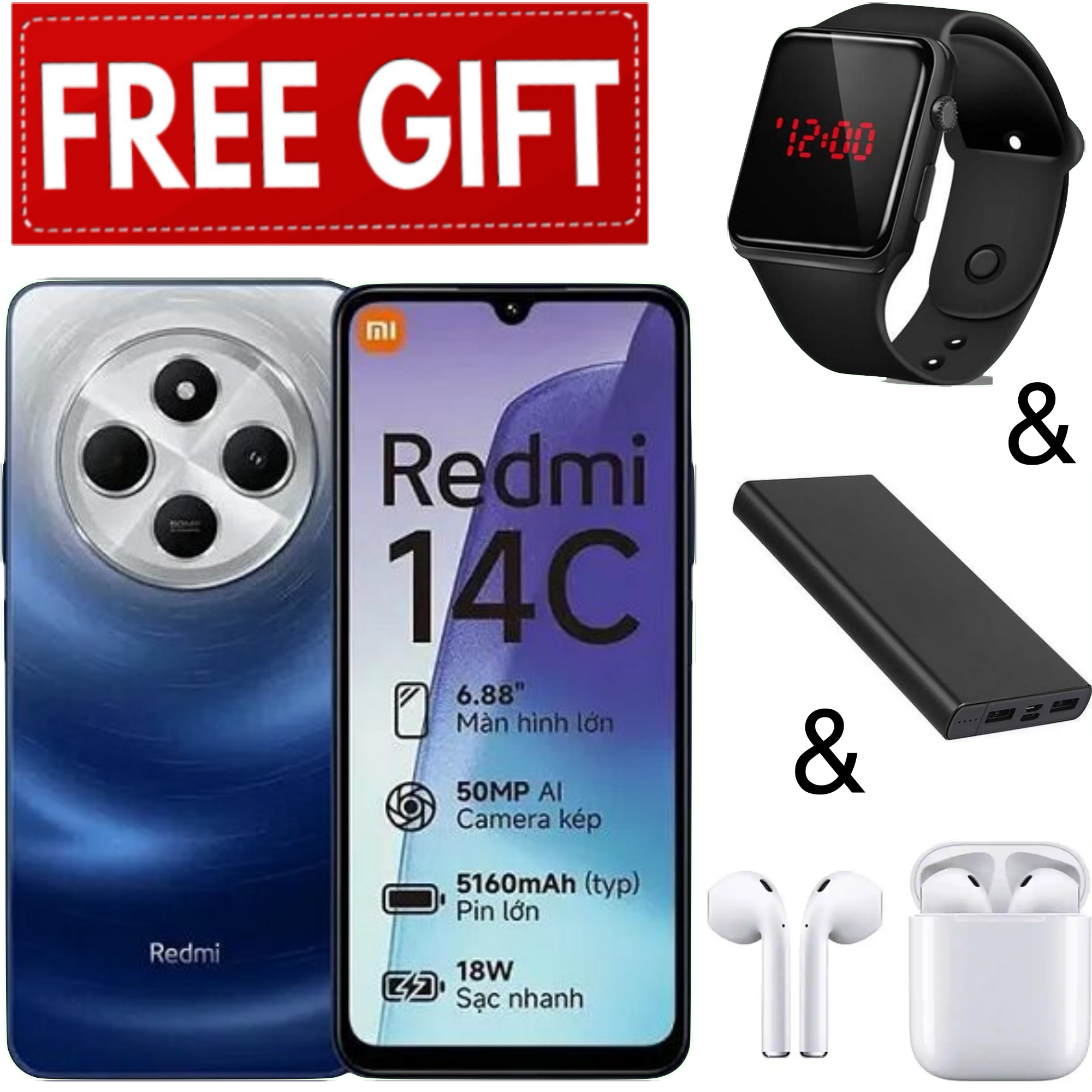 LIMITED TIME DEALS!!! XIAOMI Redmi 14C 8GB RAM 256GB Storage 50MP AI Dual Camera Immersive 6.88" UHD Display Upto 120Hz Refresh Rate Dual Sim 5160mAh-Smart Phone+ FREE EARPODS+L.E.D WATCH+POWERBANK